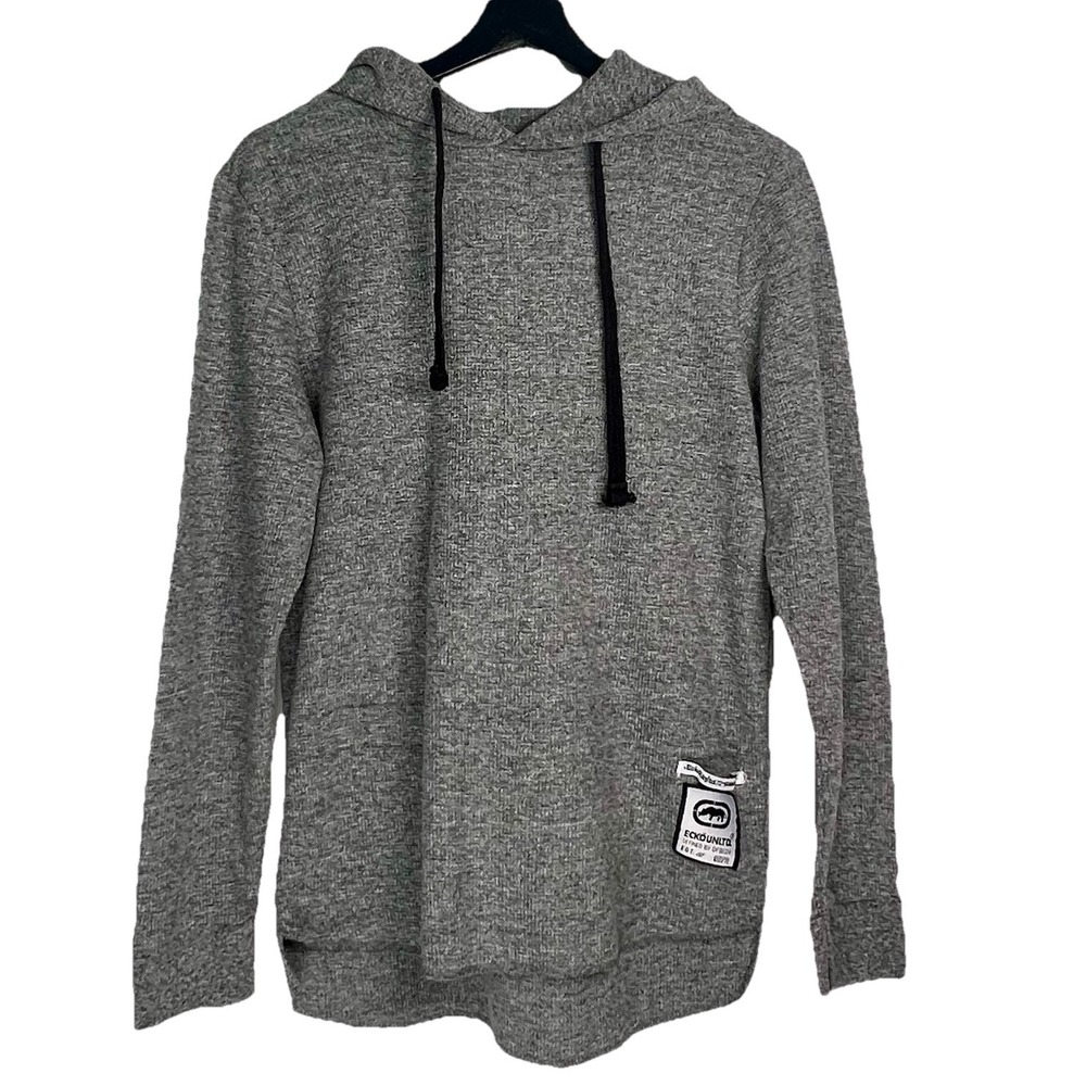 Ecko Unltd Mens Gray Marled Waffle Knit Pullover Hoodie Rhino Logo Size Small